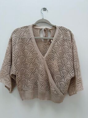Hippie Rose Taupe Open-Knit V-Neck Knitted Top